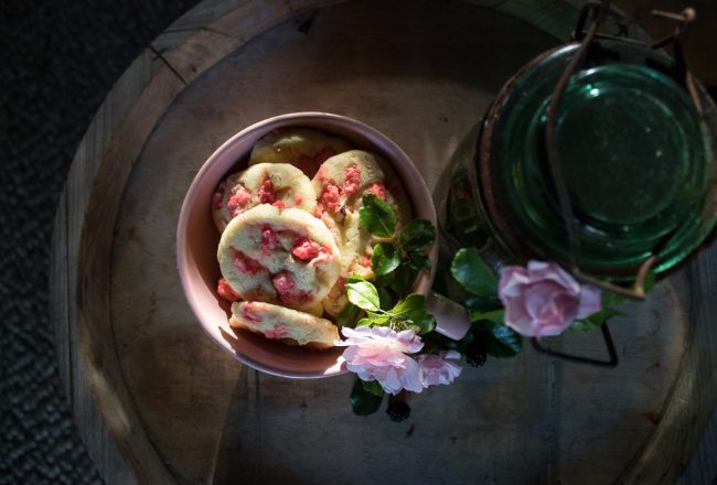 Cookies with pink candied almonds and walnuts