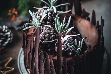 Layer cake al cioccolato con pigne ai cereali