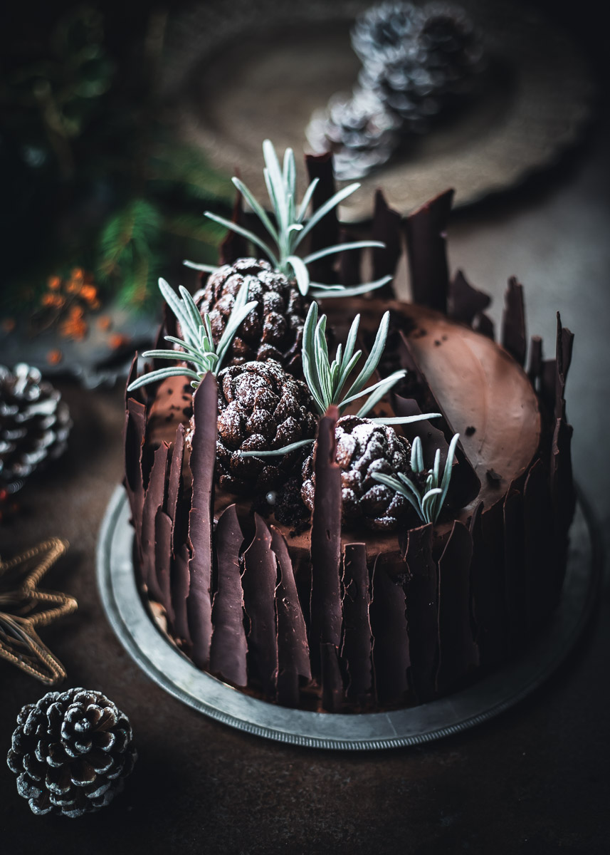 Layer cake al cioccolato con pigne ai cereali